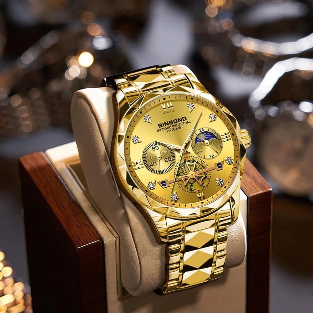 Watches for Men Stainless Steel Luxury Dress Business Diamond Roman Numeral Big Face Dial Multifunction Chronograph Mens Wrist Watch Waterproof Luminous