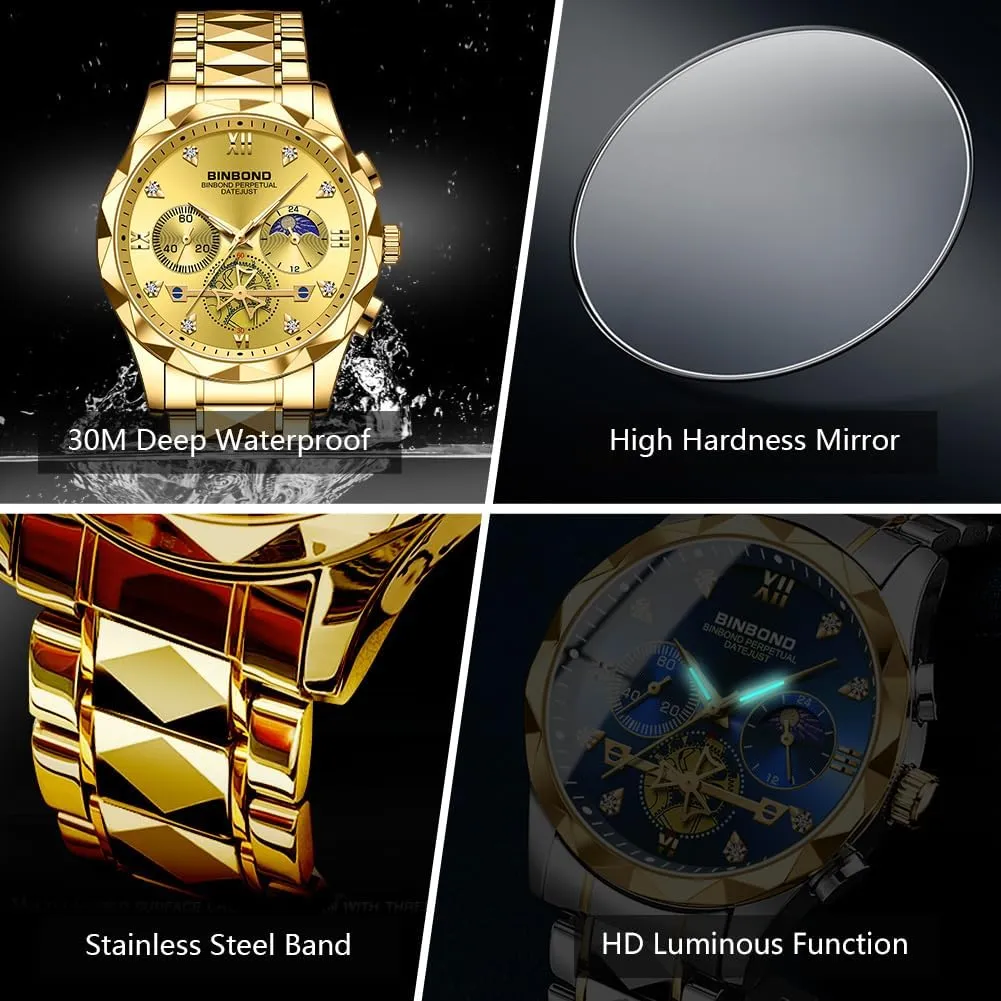 Watches for Men Stainless Steel Luxury Dress Business Diamond Roman Numeral Big Face Dial Multifunction Chronograph Mens Wrist Watch Waterproof Luminous