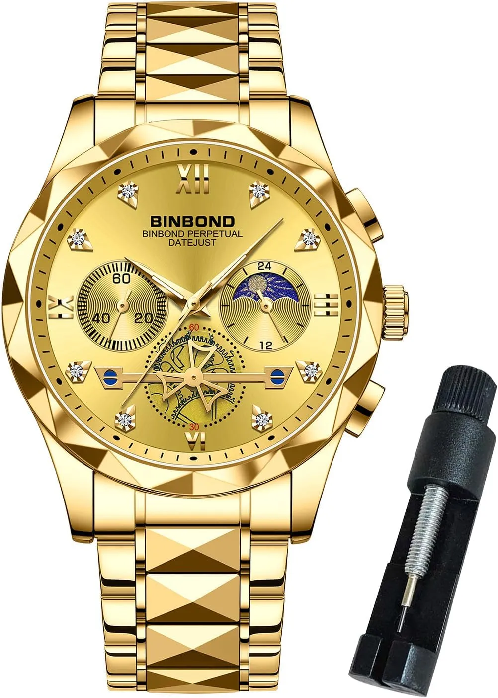 Watches for Men Stainless Steel Luxury Dress Business Diamond Roman Numeral Big Face Dial Multifunction Chronograph Mens Wrist Watch Waterproof Luminous
