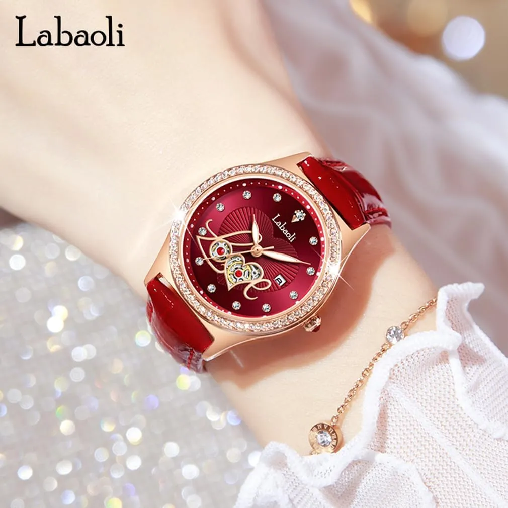 Watches for Women Diamond Leather Band Fashion Dress Casual Ladies Female Waterproof Wife Luxury Gifts Love Red Wrist Watch