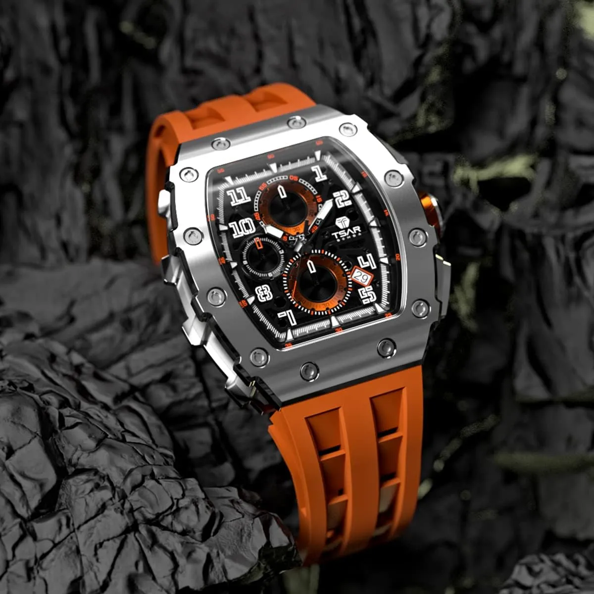 Watches Men Luxury Square Mens Watch Chronograph 50M Waterproof Sapphire Glass Japan Quartz Movement TMI VK67 Silicone Strap Classic Tonneau Design Luminous Calendar Wrist Watches