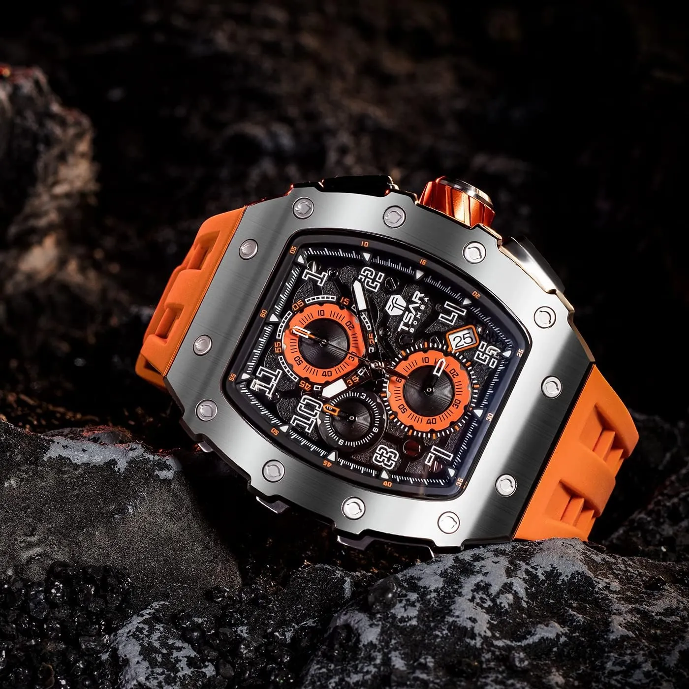 Watches Men Luxury Square Mens Watch Chronograph 50M Waterproof Sapphire Glass Japan Quartz Movement TMI VK67 Silicone Strap Classic Tonneau Design Luminous Calendar Wrist Watches