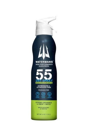 Watermans Dry Spray Sunscreen SPF 55, Reef Safe Broad Spectrum Sunscreen Spray, Fragrance Free, Oxybenzone Free