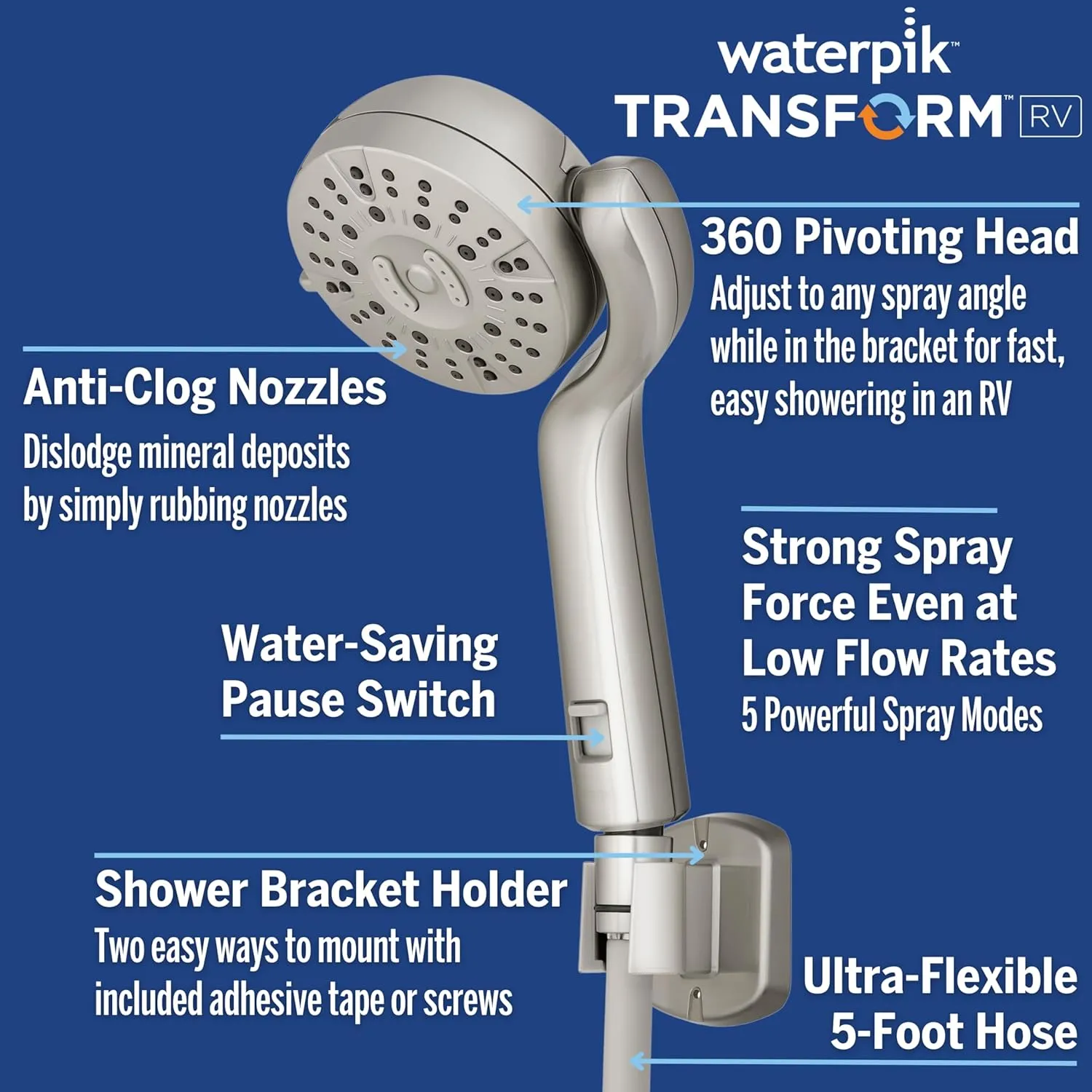 Waterpik Transform Pivoting RV Shower Head with Ultra-Flexible Hose and Pause Switch, Great for Campers, Trailers, Boats, 5-Mode with High Pressure Sprays, Brush Nickel, PHR-559E