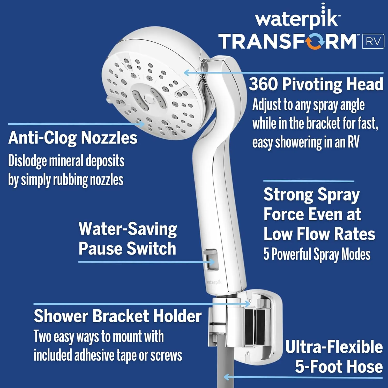 Waterpik Transform Pivoting RV Shower Head with Ultra-Flexible Hose and Pause Switch, Great for Campers, Trailers, Boats, 5-Mode with High Pressure Sprays, Chrome, PHR-553E