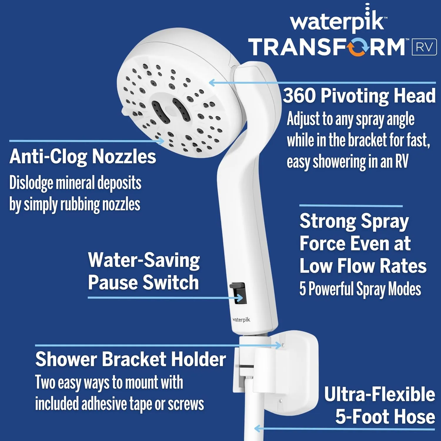 Waterpik Transform Pivoting RV Shower Head with Ultra-Flexible Hose and Pause Switch, Great for Campers, Trailers, Boats, 5-Mode with High Pressure Sprays, White, PHR-551E
