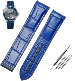 Waterproof Strap Curved End Genuine Leather Silicone Watch Strap For Omega Seamaster 007 Wrist Bracelet With Folding Buckle
