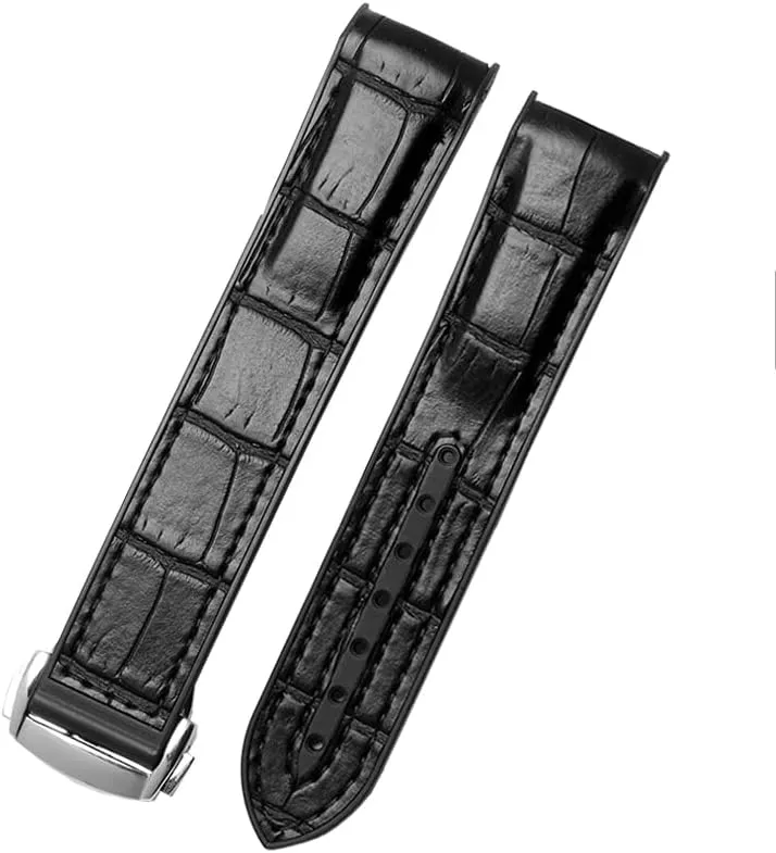 Waterproof Strap Curved End Genuine Leather Silicone Watch Strap For Omega Seamaster 007 Wrist Bracelet With Folding Buckle