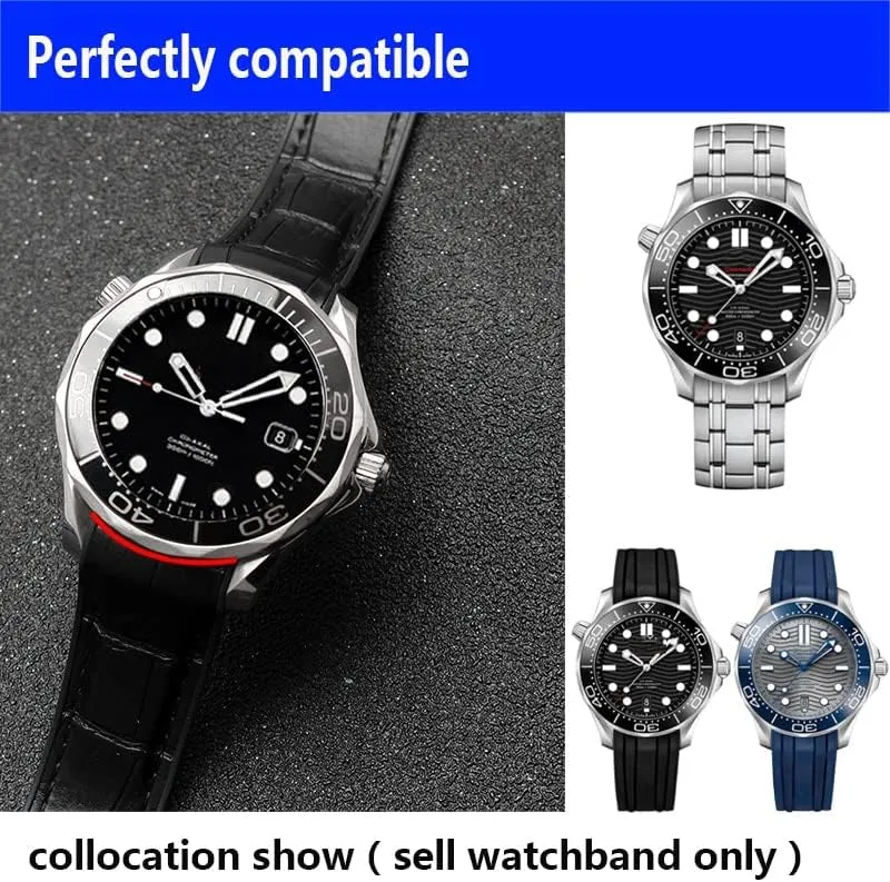 Waterproof Strap Curved End Genuine Leather Silicone Watch Strap For Omega Seamaster 007 Wrist Bracelet With Folding Buckle
