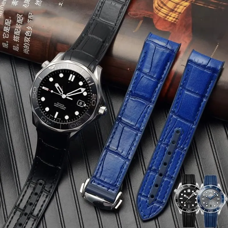 Waterproof Strap Curved End Genuine Leather Silicone Watch Strap For Omega Seamaster 007 Wrist Bracelet With Folding Buckle