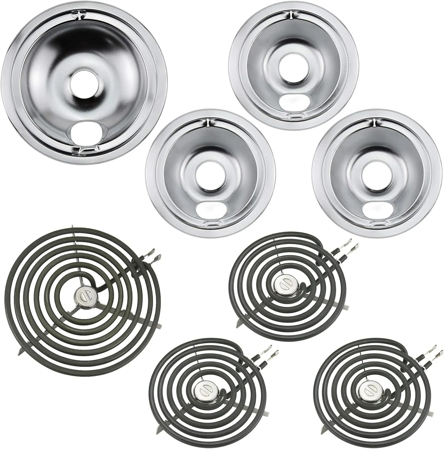 WB31T10010 WB31T10011 Chrome Range Drip Pans WB30M1 WB30M2 Stove Burner Element Set by Blutoget - Fit for GE Hotpoint Ken-more Electric Range - Electric Range Stove for 3 Small Burners 1 Large