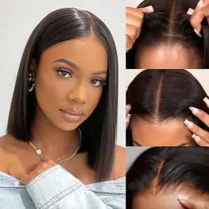 Wear and Go Glueless Bob Wigs Human Hair Pre Plucked Natural Hairline Straight Short Bob Wig 180 Density 4x4 HD Lace Closure Wig Human Hair for Women Brazilian Virgin Hair Natural Black 12 Inch