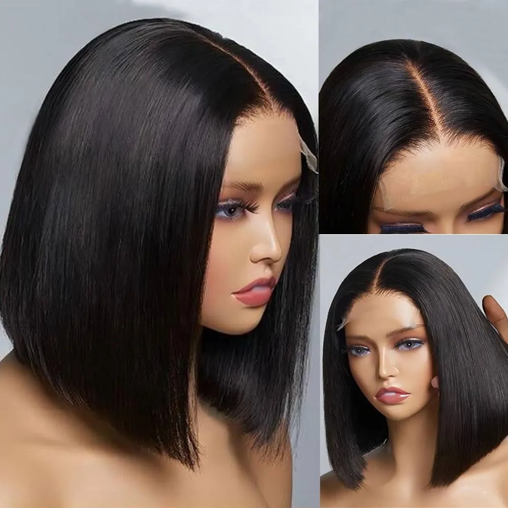 Wear and Go Glueless Bob Wigs Human Hair Pre Plucked Natural Hairline Straight Short Bob Wig 180 Density 4x4 HD Lace Closure Wig Human Hair for Women Brazilian Virgin Hair Natural Black 12 Inch