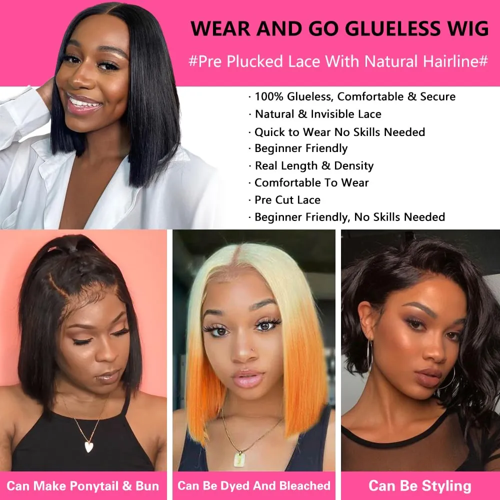 Wear and Go Glueless Bob Wigs Human Hair Pre Plucked Natural Hairline Straight Short Bob Wig 180 Density 4x4 HD Lace Closure Wig Human Hair for Women Brazilian Virgin Hair Natural Black 12 Inch