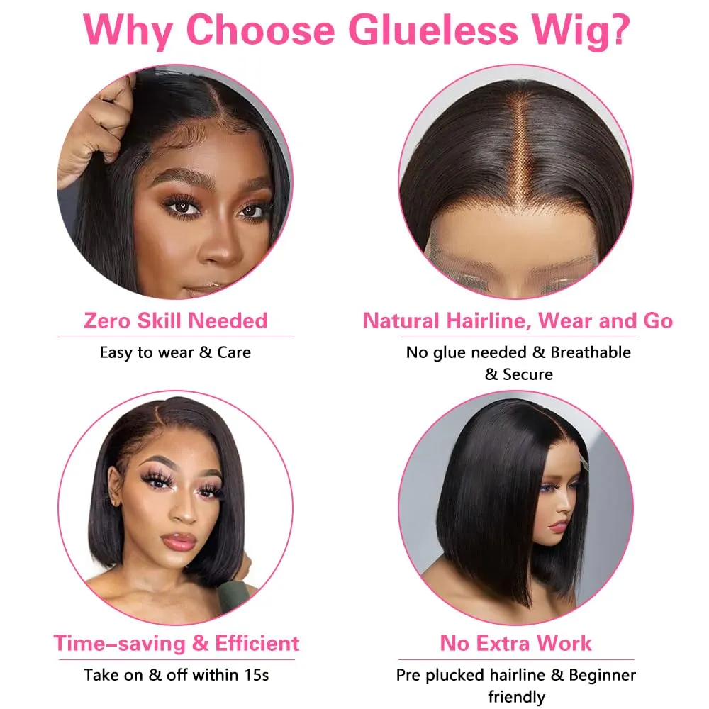 Wear and Go Glueless Bob Wigs Human Hair Pre Plucked Natural Hairline Straight Short Bob Wig 180 Density 4x4 HD Lace Closure Wig Human Hair for Women Brazilian Virgin Hair Natural Black 12 Inch