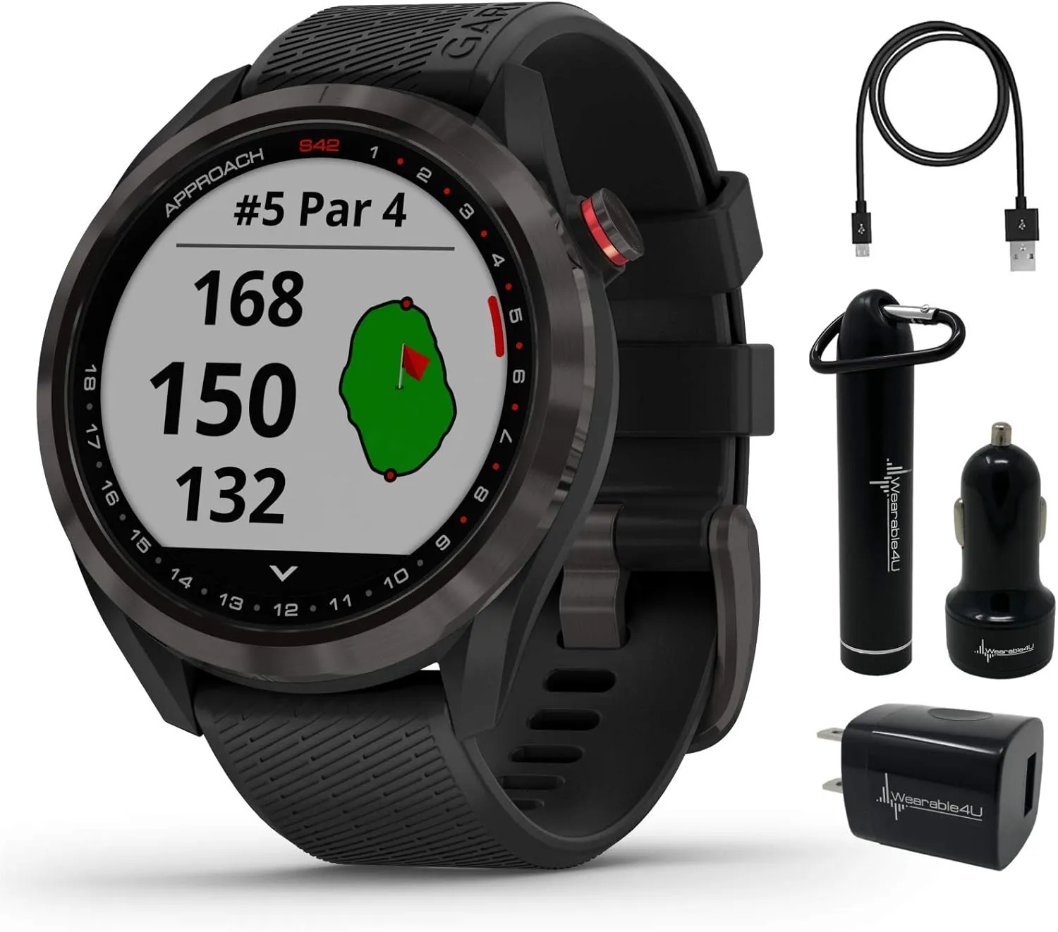 Wearable4U - Garmin Approach S42 Premium GPS Golf Watch, Gunmetal with Black Silicone Band and Power Pack Bundle