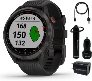 Wearable4U - Garmin Approach S42 Premium GPS Golf Watch, Gunmetal with Black Silicone Band and Power Pack Bundle