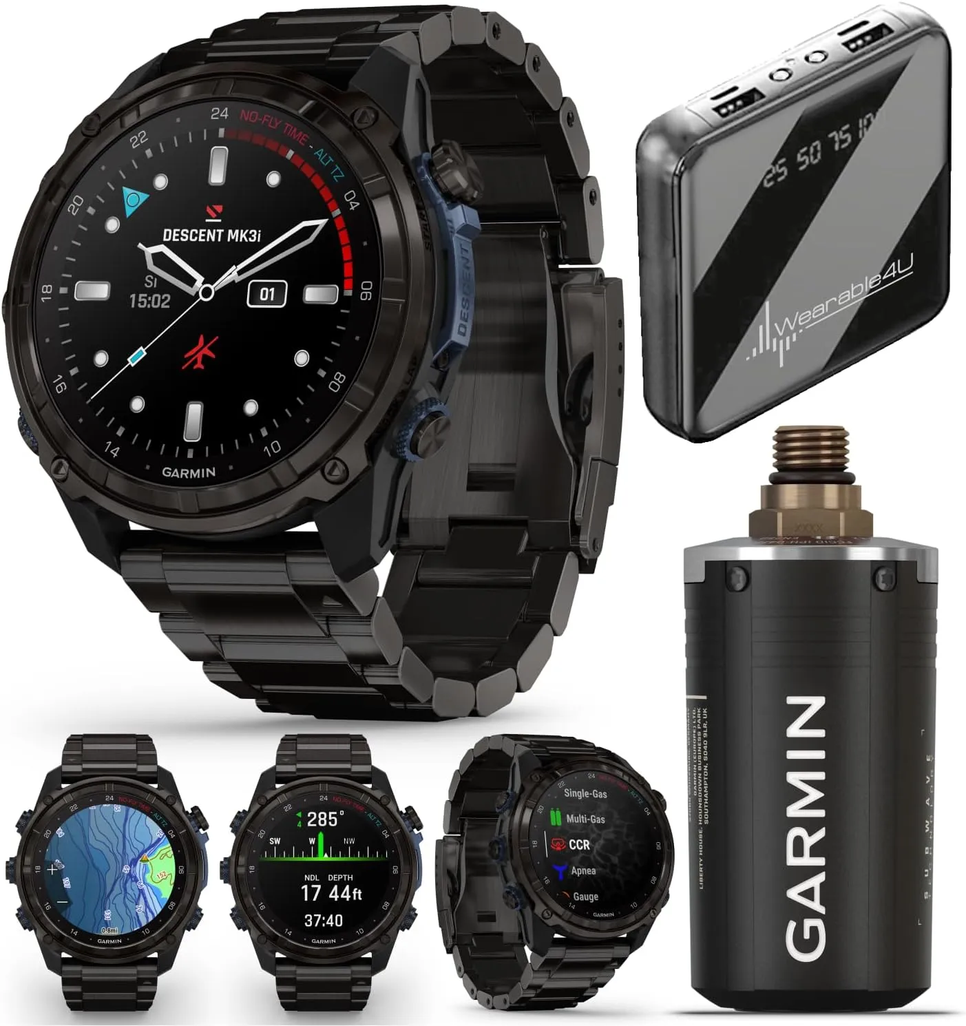 Wearable4U Garmin Descent Mk3 & Mk3i 51 mm & 43 mm w/T2 Transceiver: Titanium Dive Computer | Up to 25 Days Battery Life, AMOLED Display, GPS Smartwatch & Gift Bundle (010-02752-13)