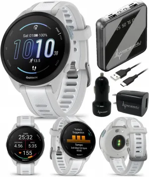 Wearable4U - Garmin Forerunner 165 Running Smartwatch, Colorful AMOLED Touchscreen, Training Metrics and Recovery Insights Includes PowerPack and Adapters Bundle, Mist Gray/Whitestone