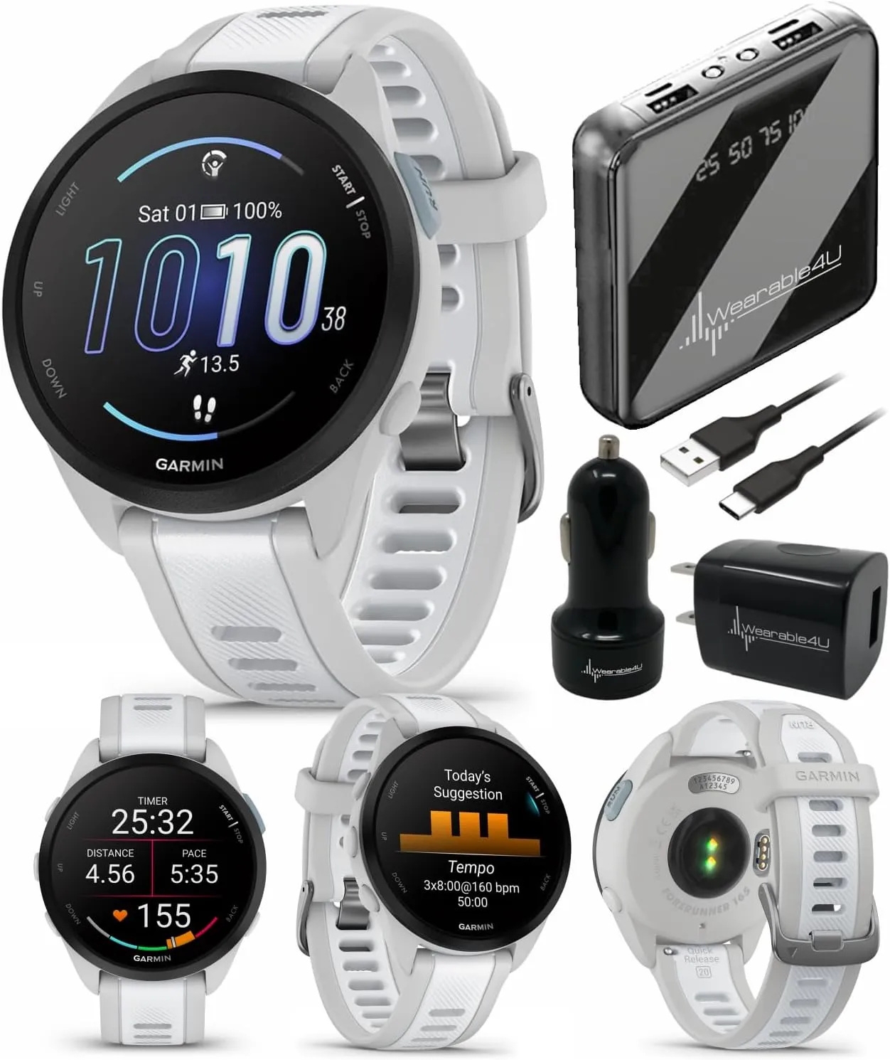 Wearable4U - Garmin Forerunner 165 Running Smartwatch, Colorful AMOLED Touchscreen, Training Metrics and Recovery Insights Includes PowerPack and Adapters Bundle, Mist Gray/Whitestone