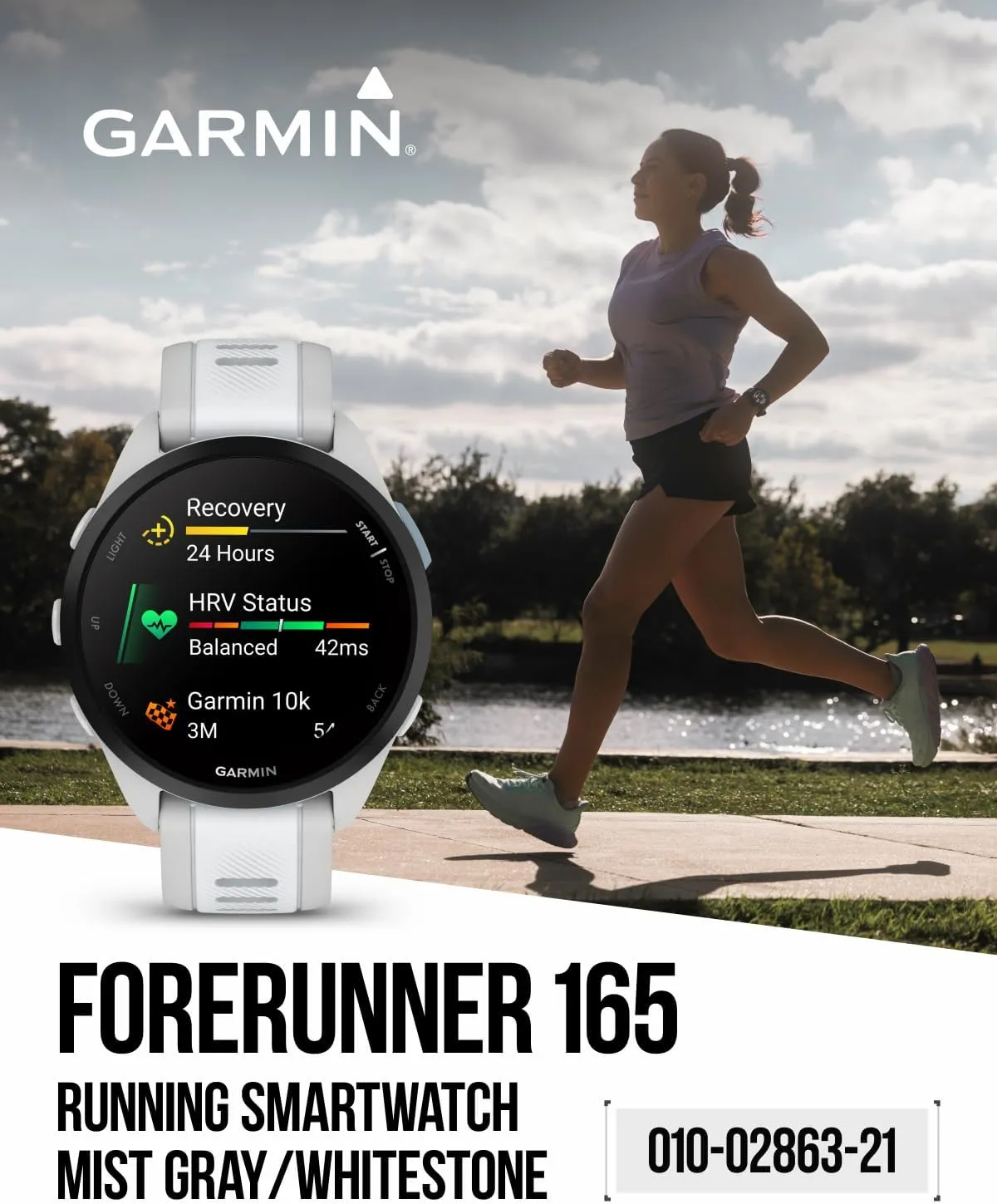 Wearable4U - Garmin Forerunner 165 Running Smartwatch, Colorful AMOLED Touchscreen, Training Metrics and Recovery Insights Includes PowerPack and Adapters Bundle, Mist Gray/Whitestone