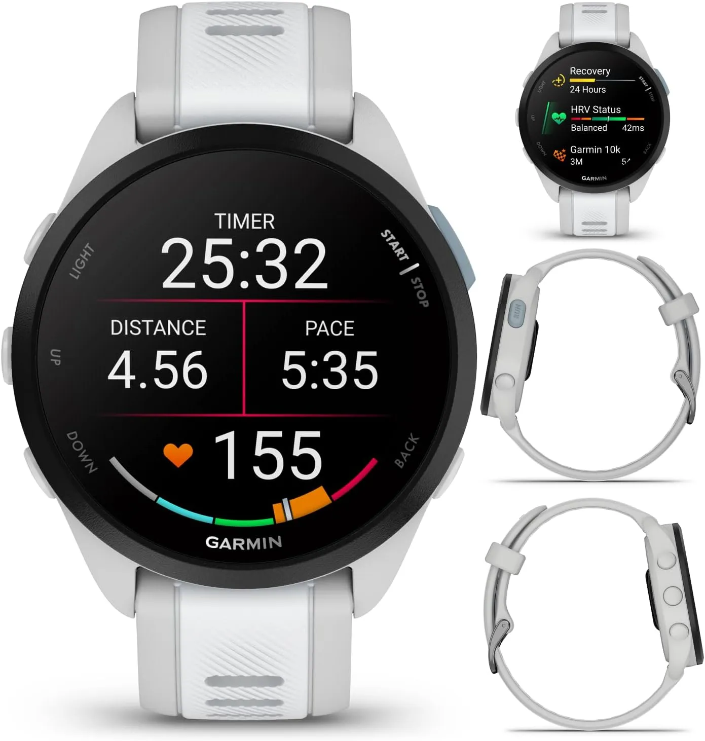 Wearable4U - Garmin Forerunner 165 Running Smartwatch, Colorful AMOLED Touchscreen, Training Metrics and Recovery Insights Includes PowerPack and Adapters Bundle, Mist Gray/Whitestone