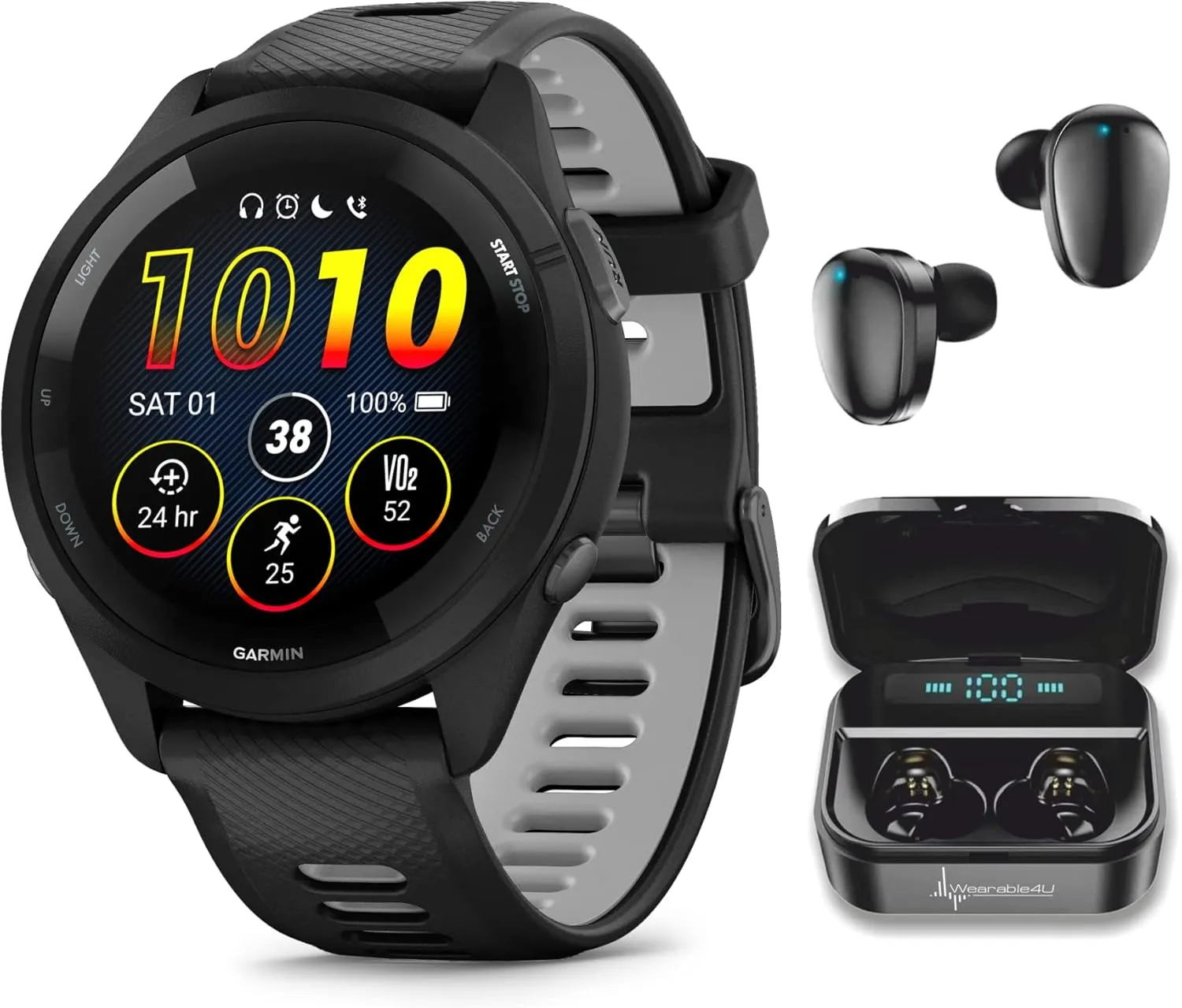 Wearable4U Garmin Forerunner 265 Music GPS Running 46 mm Smartwatch, Black with AMOLED 1.3 in Touchscreen Display Black Earbuds Bundle
