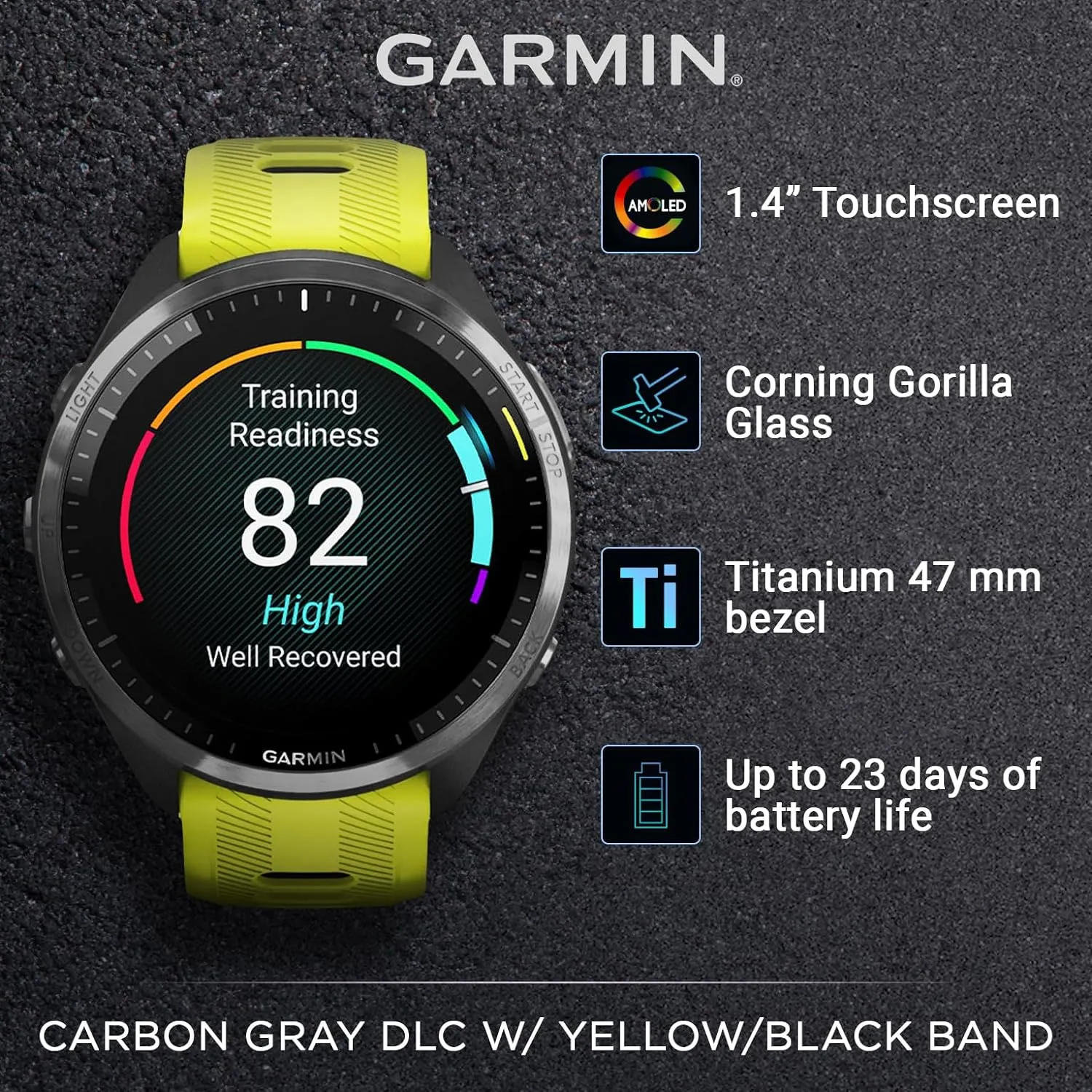 Wearable4U - Garmin Forerunner 965 Premium GPS Running and Triathlon 47mm Smartwatch with AMOLED Touchscreen Display, Carbon Gray DLC Titanium Bezel and Amp Yellow Silicone Band with E-Bank.