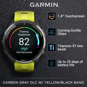 Wearable4U - Garmin Forerunner 965 Premium GPS Running and Triathlon 47mm Smartwatch with AMOLED Touchscreen Display, Carbon Gray DLC Titanium Bezel and Amp Yellow Silicone Band with E-Bank.