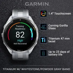 Wearable4U - Garmin Forerunner 965 Premium GPS Running and Triathlon 47mm Smartwatch with AMOLED Touchscreen Display, Titanium Bezel with Whitestone Silicone Band with Black Earbuds Bundle