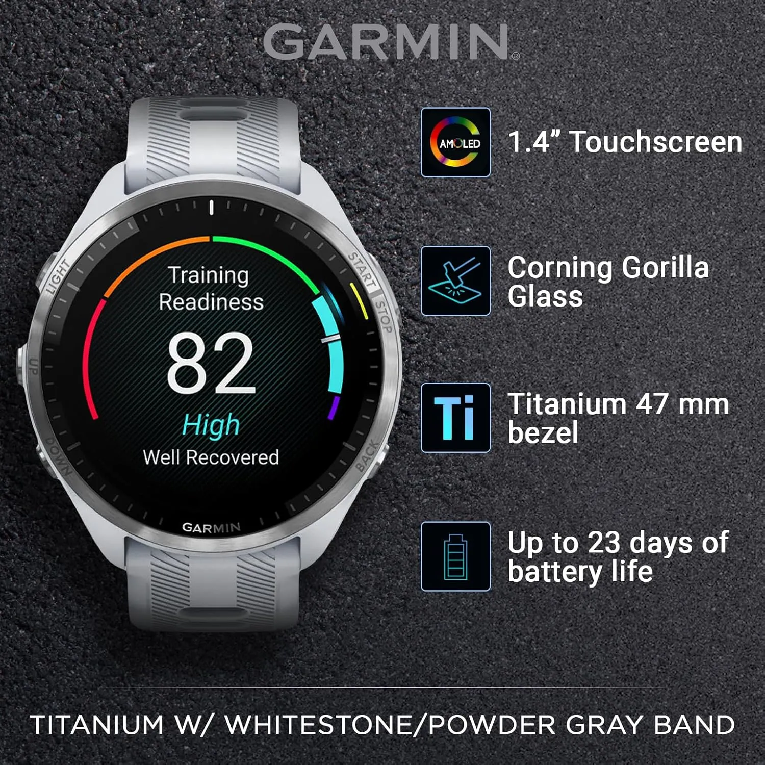 Wearable4U - Garmin Forerunner 965 Premium GPS Running and Triathlon 47mm Smartwatch with AMOLED Touchscreen Display, Titanium Bezel with Whitestone Silicone Band with E-Bank Bundle
