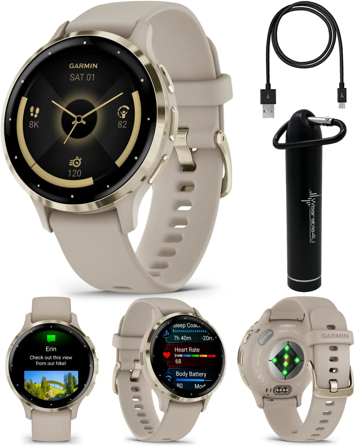 Wearable4U - Garmin Venu 3S GPS Smartwatch AMOLED Display 41mm Watch, Advanced Health and Fitness Features, Up to 10 Days of Battery, Wheelchair Mode, Sleep Coach, French Gray with Power Bank