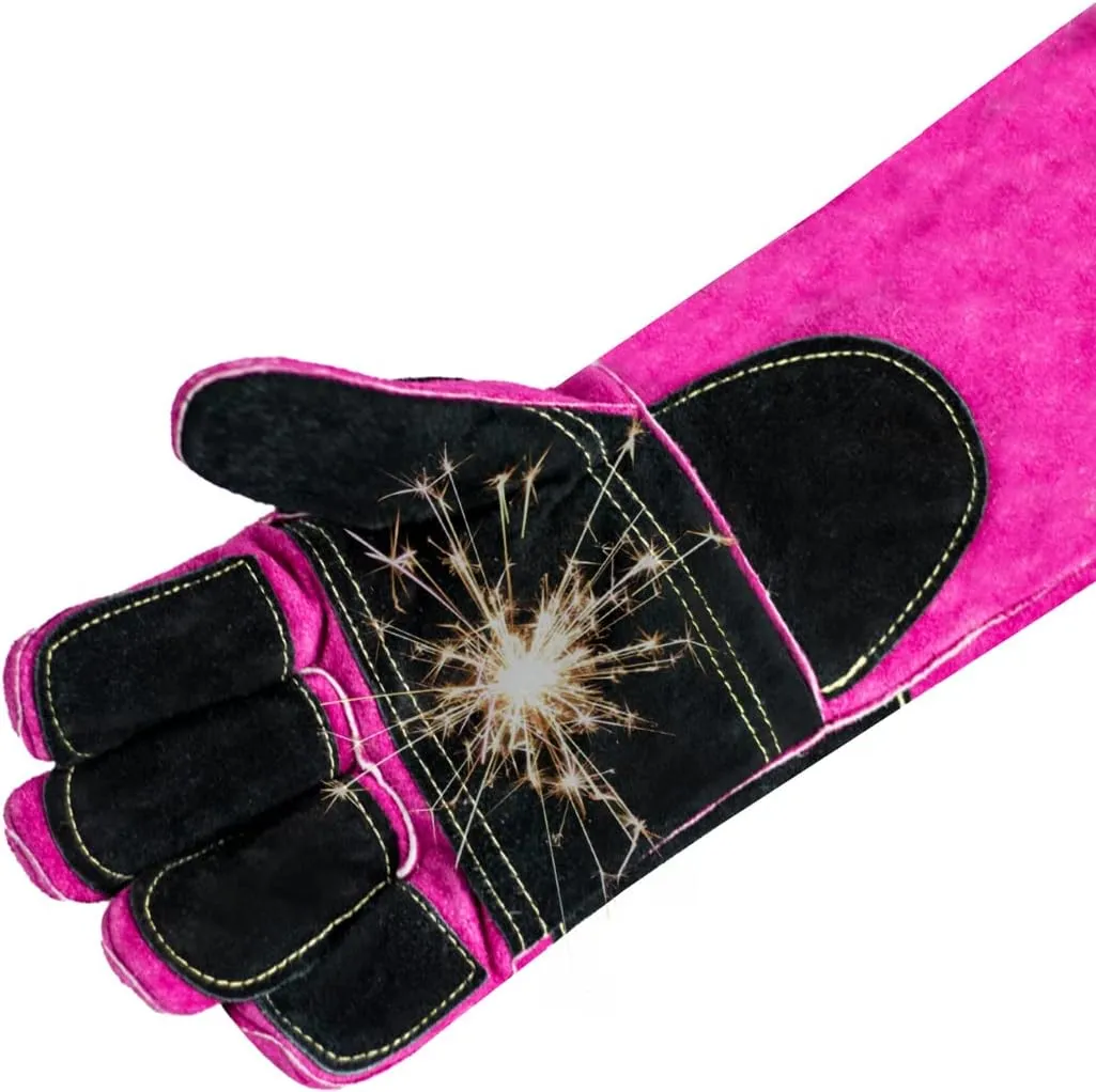 Welding/BBQ Leather Gloves 16 Inches,932℉, Stick Welding Gloves Heat/Fire Resistant, Mitts for Oven/Grill/Fireplace/Furnace/Stove/BBQ/16 inches Extra Long Sleeve (16 Inches, Pink-Black)