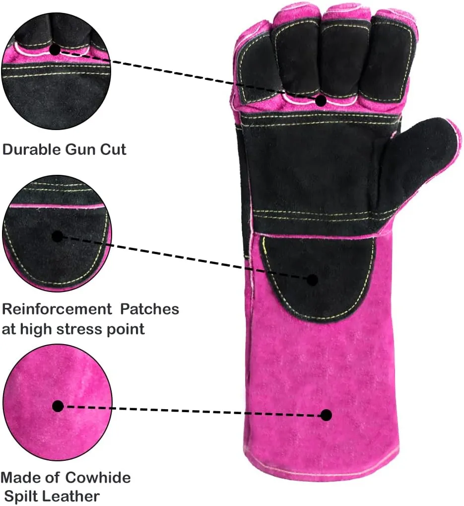 Welding/BBQ Leather Gloves 16 Inches,932℉, Stick Welding Gloves Heat/Fire Resistant, Mitts for Oven/Grill/Fireplace/Furnace/Stove/BBQ/16 inches Extra Long Sleeve (16 Inches, Pink-Black)