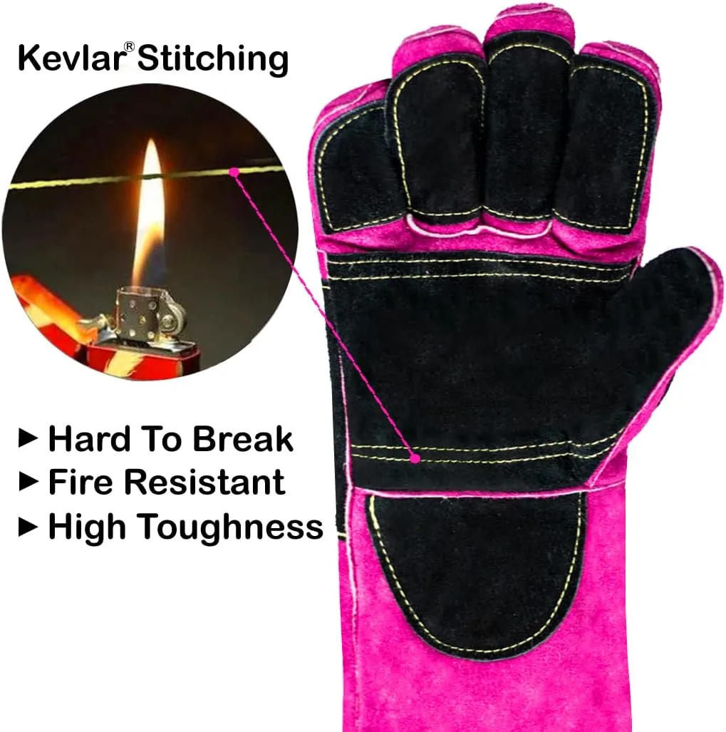 Welding/BBQ Leather Gloves 16 Inches,932℉, Stick Welding Gloves Heat/Fire Resistant, Mitts for Oven/Grill/Fireplace/Furnace/Stove/BBQ/16 inches Extra Long Sleeve (16 Inches, Pink-Black)
