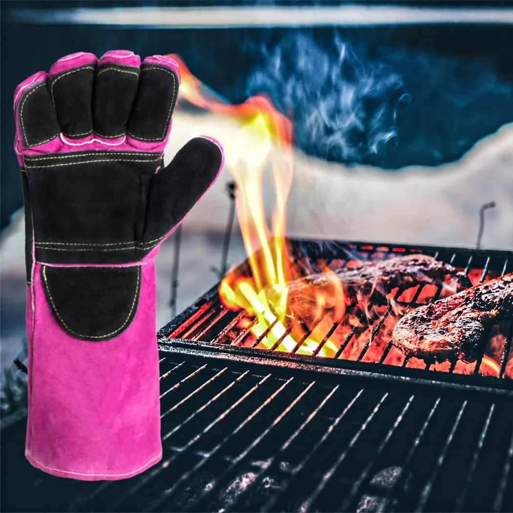 Welding/BBQ Leather Gloves 16 Inches,932℉, Stick Welding Gloves Heat/Fire Resistant, Mitts for Oven/Grill/Fireplace/Furnace/Stove/BBQ/16 inches Extra Long Sleeve (16 Inches, Pink-Black)