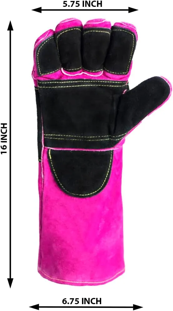 Welding/BBQ Leather Gloves 16 Inches,932℉, Stick Welding Gloves Heat/Fire Resistant, Mitts for Oven/Grill/Fireplace/Furnace/Stove/BBQ/16 inches Extra Long Sleeve (16 Inches, Pink-Black)