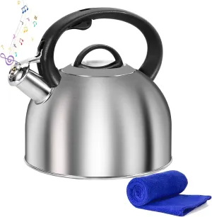 Whistling Stovetop Tea Kettle, 3L Food-Grade 304 Stainless Steel Teapot, Ergonomic Handle,Hot Water Quick Boil,All Metal Stove Kettle Rust Resistant and Durable,With Anti-Scald Towel(Silver)