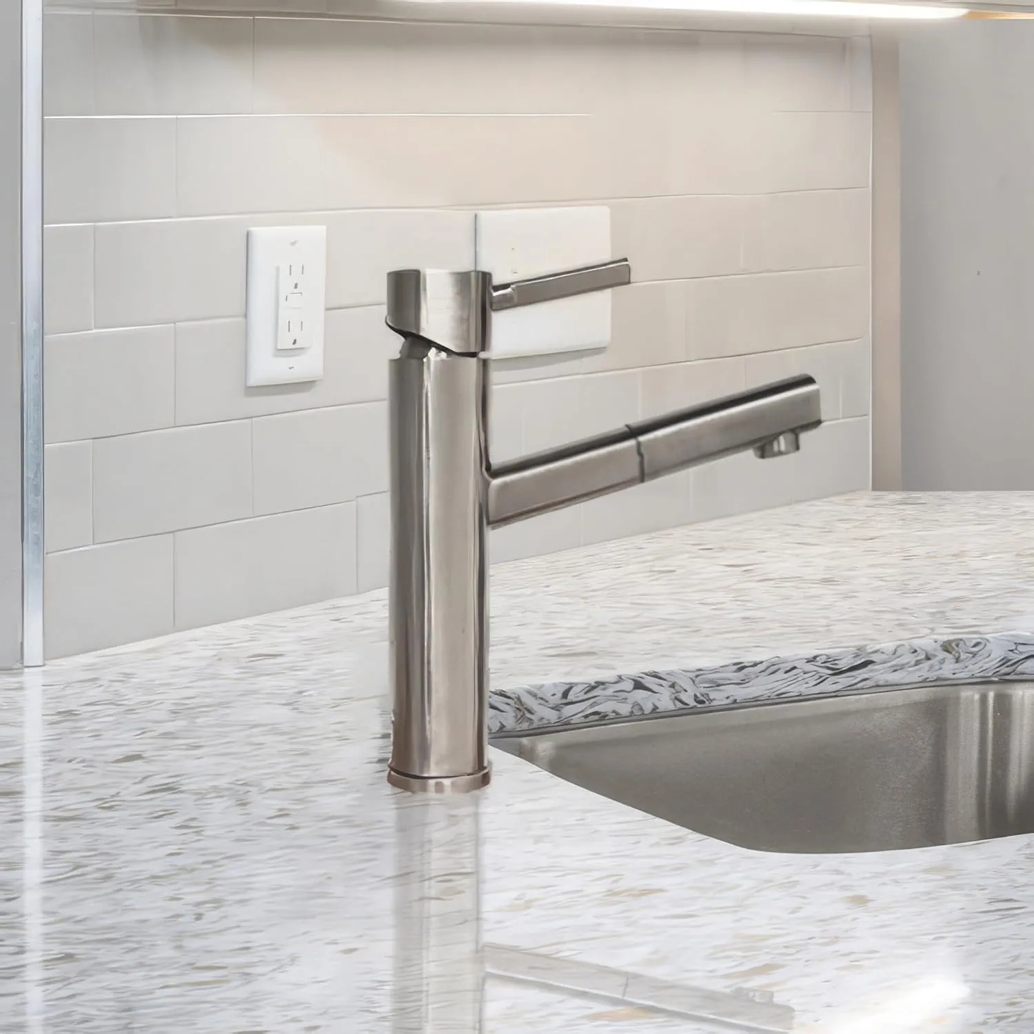 Whitehaus Kitchen Faucet; Single Lever Pull-Out Spray Head, Stainless Construction; Brushed Steel