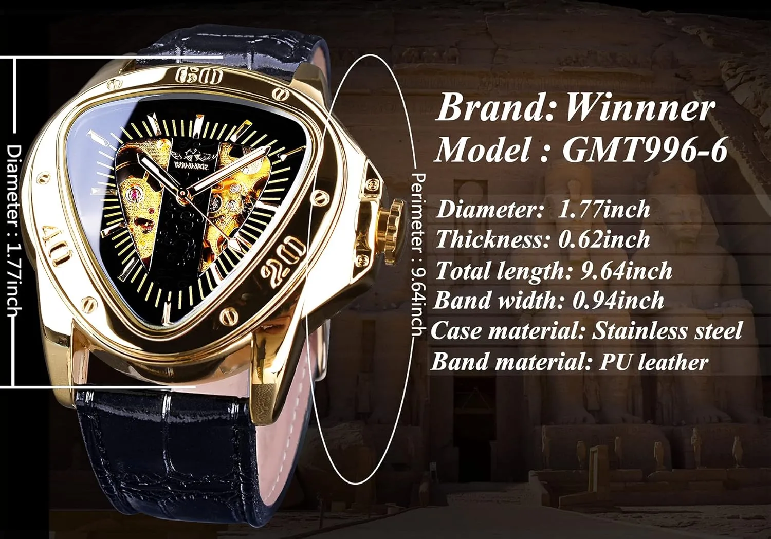 Winner Fashion Mechanical Wrist Watch Triangle Racing Dial, Waterproof Golden Skeleton Dial Automatic Movement Leather Design Mechanical Watch for Men