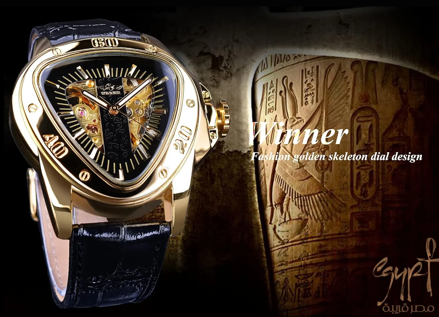 Winner Fashion Mechanical Wrist Watch Triangle Racing Dial, Waterproof Golden Skeleton Dial Automatic Movement Leather Design Mechanical Watch for Men