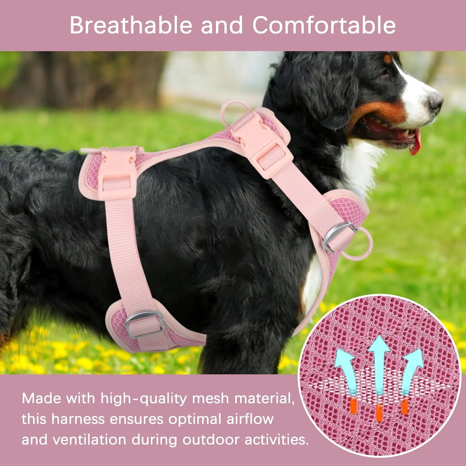 Wisedog Mesh Breathable Dog Harness: No Pull Harness with 3 Fast-Release Buckles Adjustable for Walking & Training for Small Medium Large Dogs (Pink, L: Neck=20"-25"/Chest=17"-33")