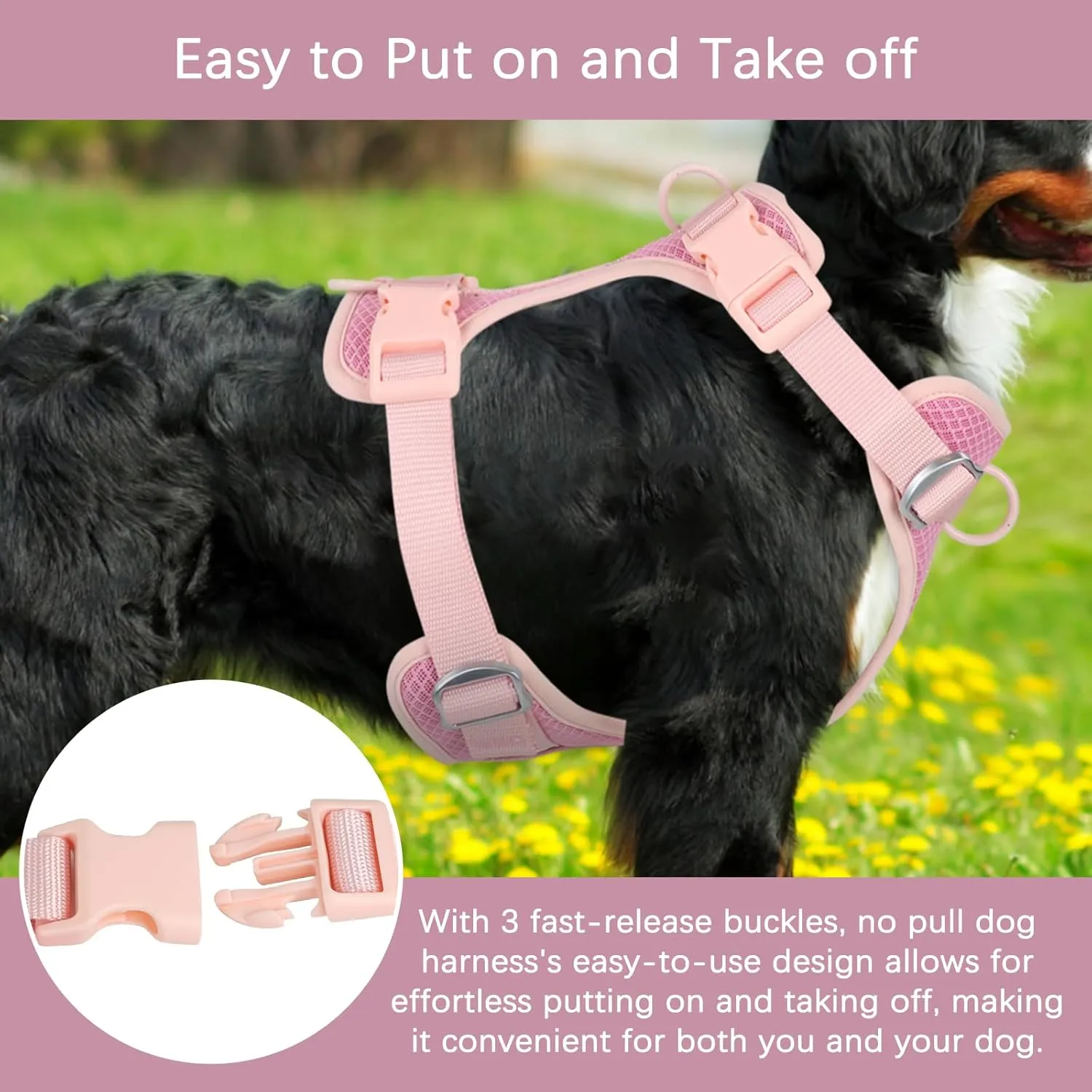 Wisedog Mesh Breathable Dog Harness: No Pull Harness with 3 Fast-Release Buckles Adjustable for Walking & Training for Small Medium Large Dogs (Pink, L: Neck=20"-25"/Chest=17"-33")