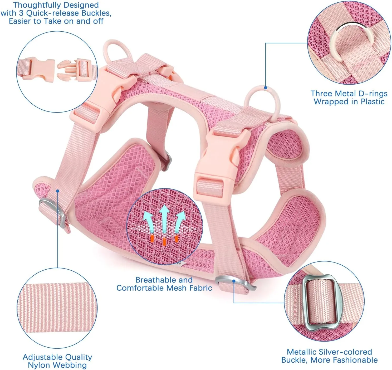 Wisedog Mesh Breathable Dog Harness: No Pull Harness with 3 Fast-Release Buckles Adjustable for Walking & Training for Small Medium Large Dogs (Pink, L: Neck=20"-25"/Chest=17"-33")