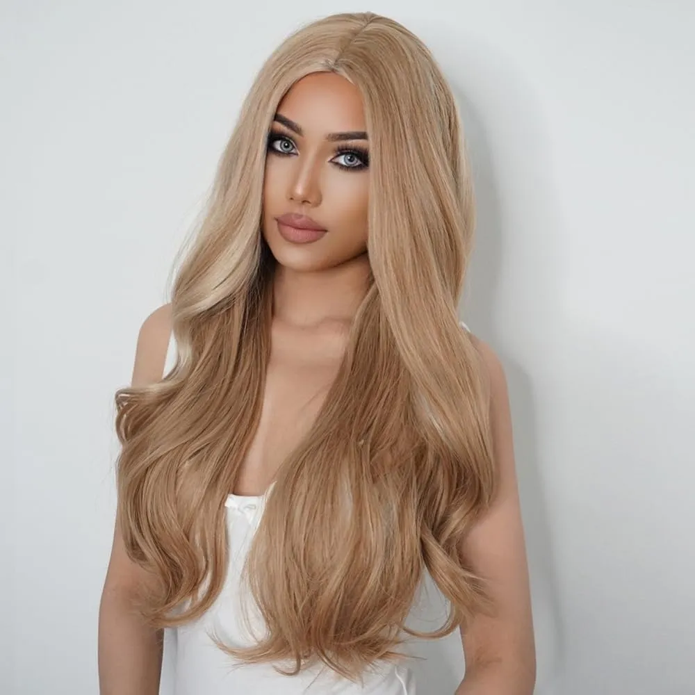 WL-07 Long Wavy Wig for Women 26 Inch Middle Part Curly Wavy Wig Natural Looking Synthetic Heat Resistant Fiber Wig for Daily Party Cosplay Halloween Use (Blonde with Highlights)