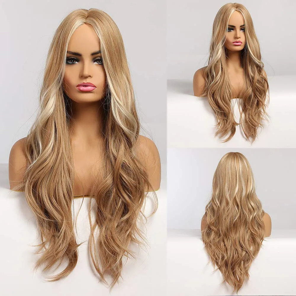 WL-07 Long Wavy Wig for Women 26 Inch Middle Part Curly Wavy Wig Natural Looking Synthetic Heat Resistant Fiber Wig for Daily Party Cosplay Halloween Use (Blonde with Highlights)