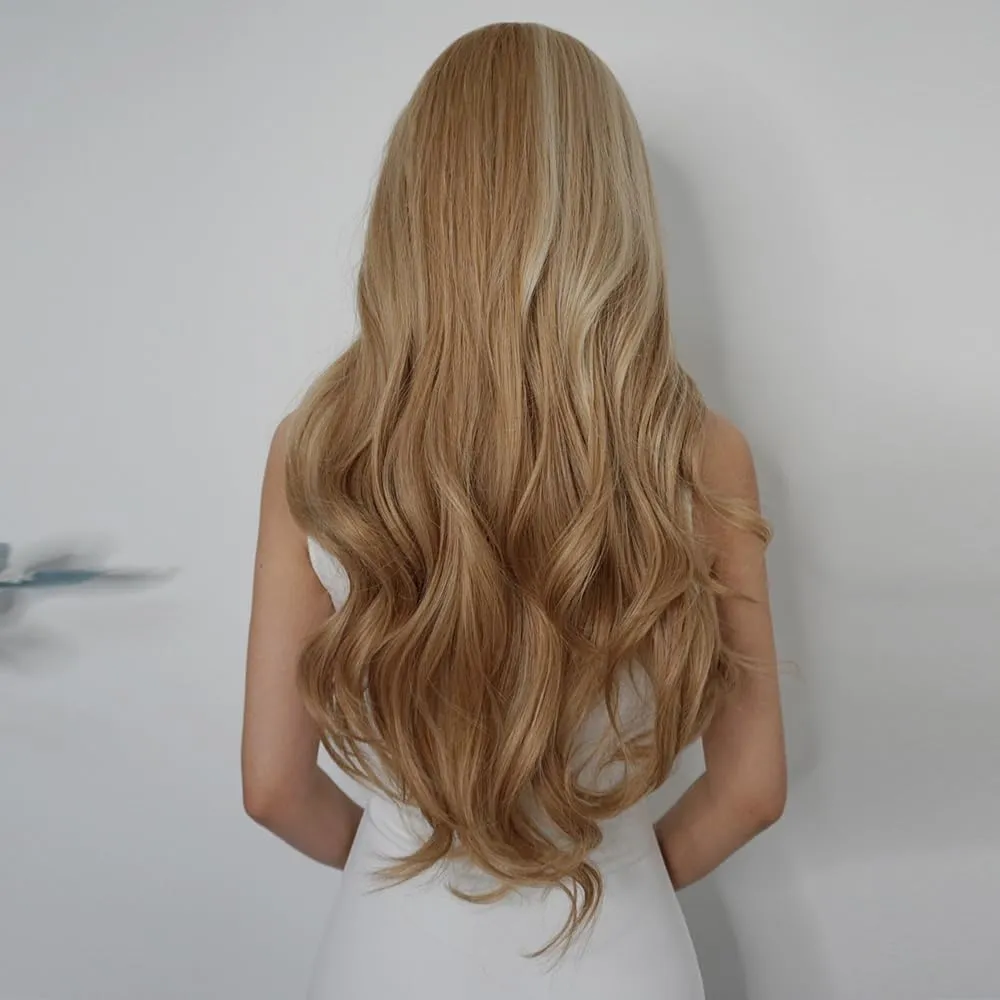 WL-07 Long Wavy Wig for Women 26 Inch Middle Part Curly Wavy Wig Natural Looking Synthetic Heat Resistant Fiber Wig for Daily Party Cosplay Halloween Use (Blonde with Highlights)