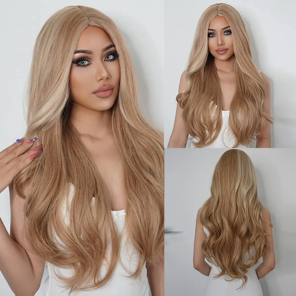WL-07 Long Wavy Wig for Women 26 Inch Middle Part Curly Wavy Wig Natural Looking Synthetic Heat Resistant Fiber Wig for Daily Party Cosplay Halloween Use (Blonde with Highlights)