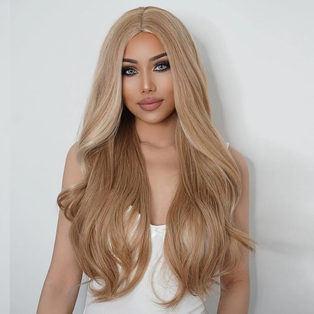 WL-07 Long Wavy Wig for Women 26 Inch Middle Part Curly Wavy Wig Natural Looking Synthetic Heat Resistant Fiber Wig for Daily Party Cosplay Halloween Use (Blonde with Highlights)