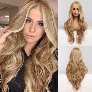 WL-07 Long Wavy Wig for Women 26 Inch Middle Part Curly Wavy Wig Natural Looking Synthetic Heat Resistant Fiber Wig for Daily Party Cosplay Halloween Use (Blonde with Highlights)